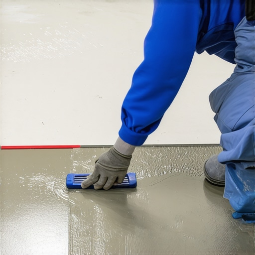 Technician applying leveling compound on concrete subfloor with precision tools.