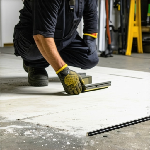 Expert Flooring Tools and Techniques Close-up of professional tools for flooring installation, including laser level and trowel.