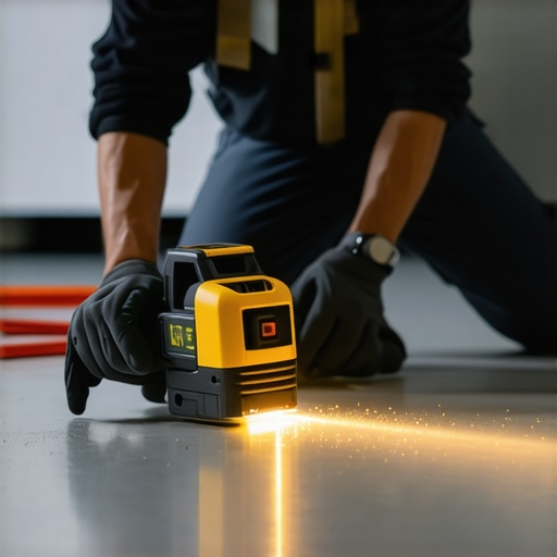 Technician with laser level tool ensuring accurate floor leveling