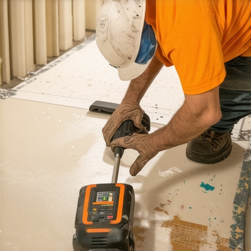 Expert tile installer with laser level Professional tile installer using laser level on a leveled subfloor