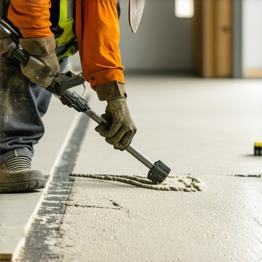 Worker applying leveling compound for smooth flooring surface