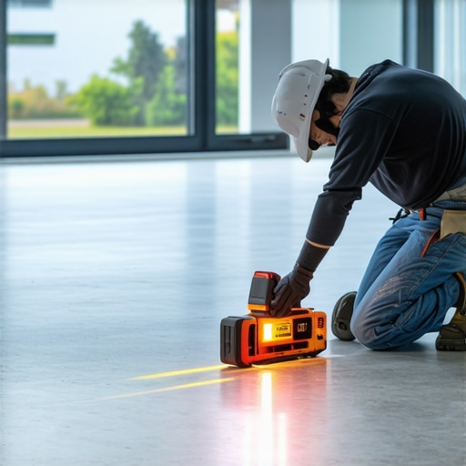 A person using a laser level to ensure even flooring installation