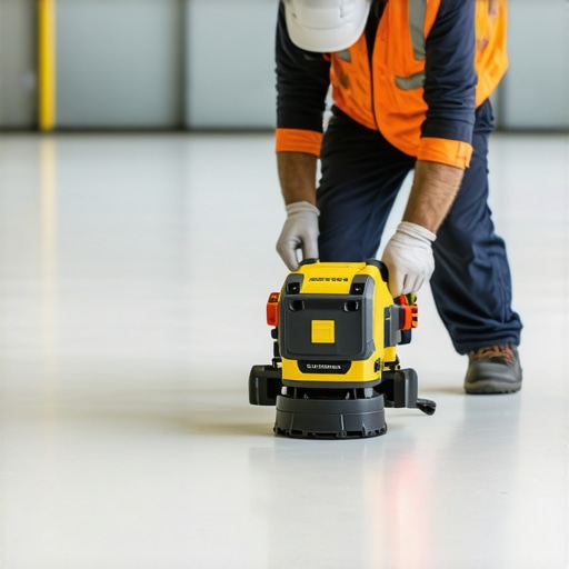 Professional Floor Leveling with Laser Tools Technician using laser level for precise floor leveling in a spacious room.