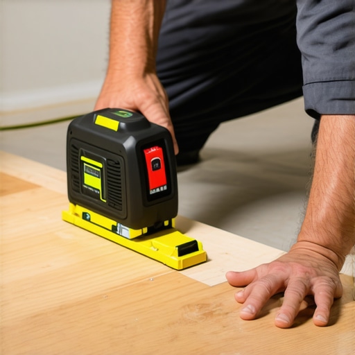 Professional Laser Leveling for Hardwood Floors Professional using laser level to measure subfloor during flooring installation