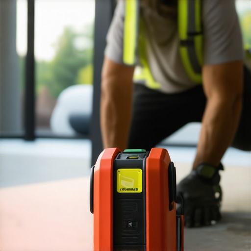 Close-up of a laser level tool used for accurate floor leveling