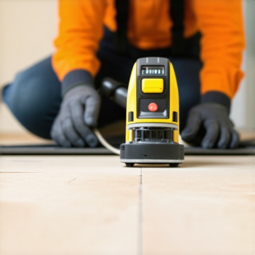 Technician using laser level and grinding tools to level subfloor