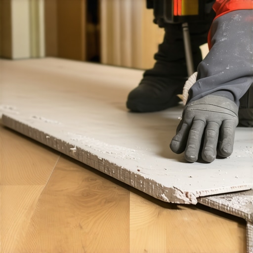 Applying Floor Leveling Compound Professional applying self-leveling compound on a wooden subfloor with laser level in background.