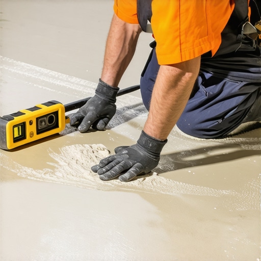 Expert Applying Floor Leveling Compound Professional applying self-leveling compound on concrete floor for expert-level finish