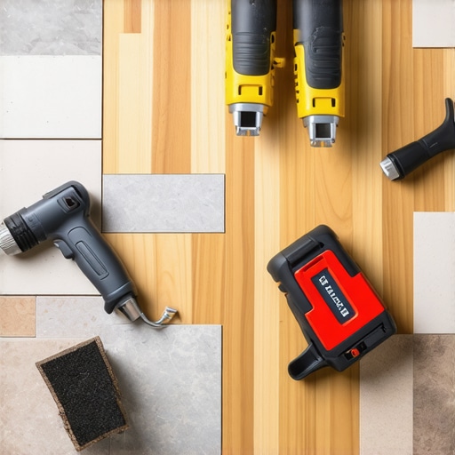 Professional worker installing hardwood and tile flooring with tools and materials
