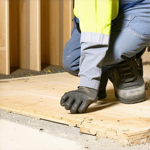 Professional inspecting subfloor with moisture meter and level