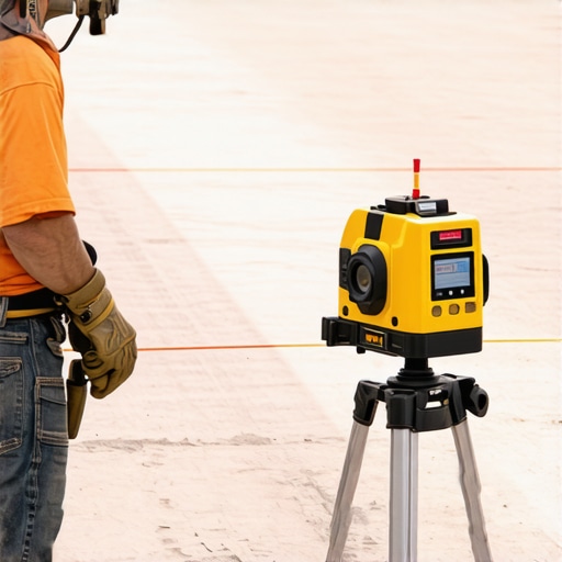 Laser-Guided Floor Leveling Equipment in Action Professional using laser-guided leveling tools on a spacious hardwood floor installation.