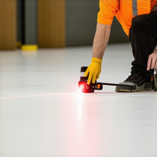 Laser Level Precision in Flooring A professional using a laser level to measure floor flatness during installation.