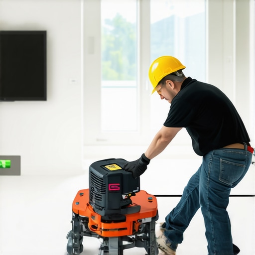 Laser-guided floor leveling in a modern home Technician using laser tools for accurate floor leveling in a contemporary interior.