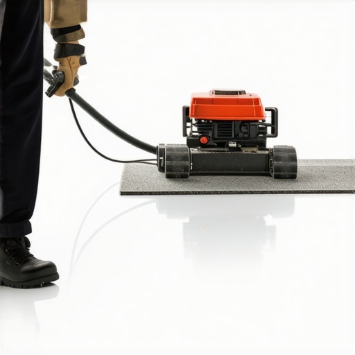 Technician using laser-guided leveling tools on a concrete floor