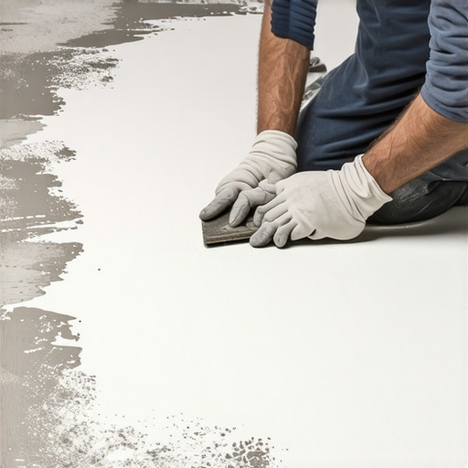 Professional Cementitious Overlay Application Close-up of a professional applying a cementitious overlay on a subfloor with precision tools, realistic style.