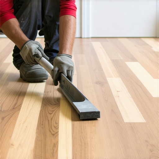 Expert using leveling tools on hardwood floor for perfect finish.