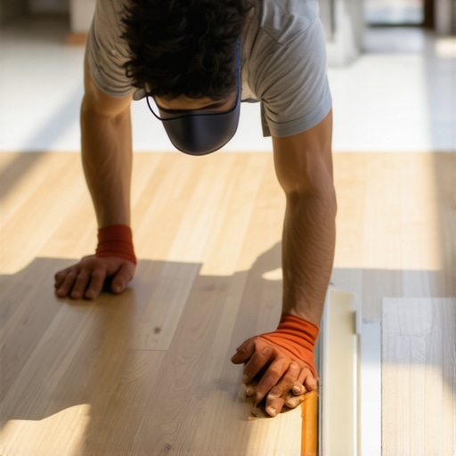 Professional Hardwood Floor Sealing Installer applying flexible sealant in a well-lit home interior