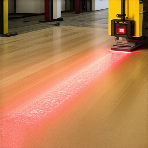 A technician uses a laser-guided leveling device during hardwood flooring installation, demonstrating precision tools in a professional workshop