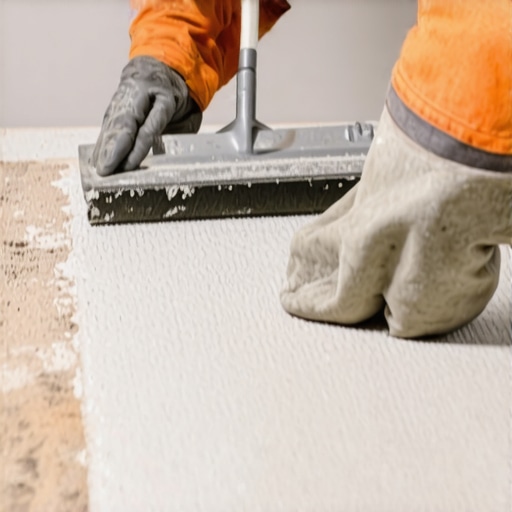 Expert applying leveling compound with a trowel on subfloor for perfect flatness