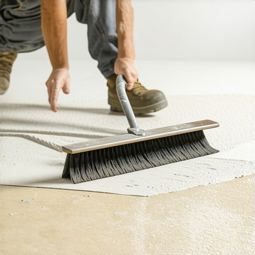 Person spreading leveling compound evenly across a subfloor with a gauge rake, demonstrating surface preparation technique