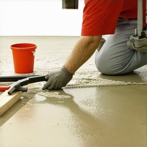A worker spreading leveling compound on a concrete subfloor with a trowel and gauge rake