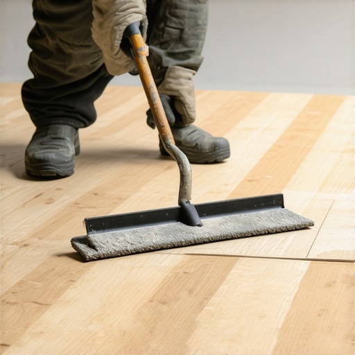 Worker spreading self-leveling compound on floor to achieve flat surface