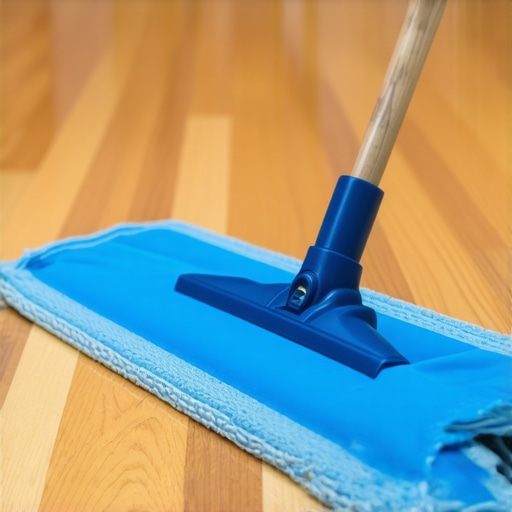 A microfiber mop, soft-bristle brush, and cleaning products arranged for hardwood floor maintenance