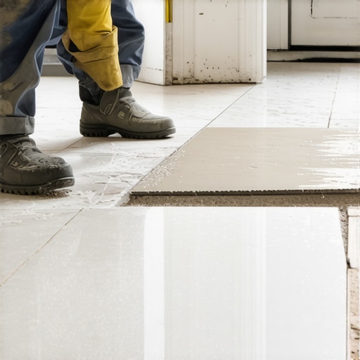 Professional applying leveling compound on a tiled floor for perfect surface