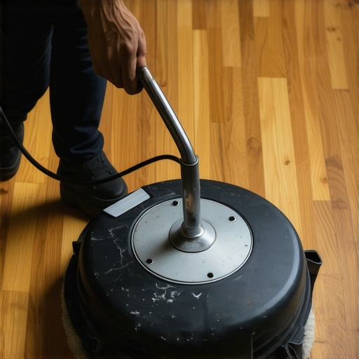 A person applying a buffer to hardwood flooring for maintenance.