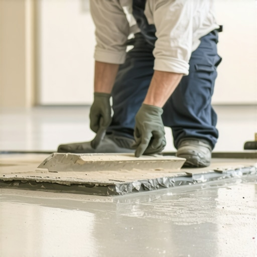 Floor Leveling Preparation for Tile Installation Tiler applying leveling compound on subfloor for flawless tile installation