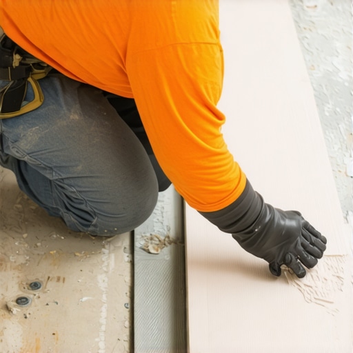 Floor Leveling in Progress Technician pouring and spreading leveling compound on a subfloor for a smooth surface.