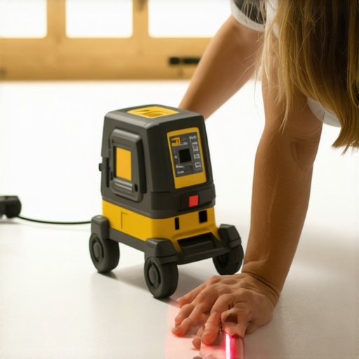 Person using laser level for floor inspection during installation