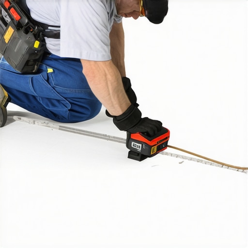 Professional using laser level and moisture meter for precise tile installation on complex surface.