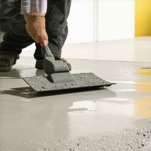 A worker carefully spreading leveling compound on a concrete subfloor to ensure flatness