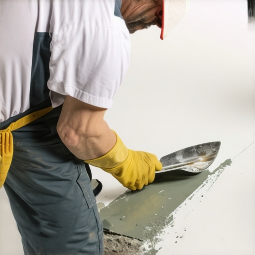 Handyman spreading self-leveling compound on an uneven floor with a trowel