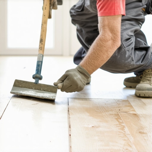 Worker spreading leveling compound evenly over subfloor for tile installation