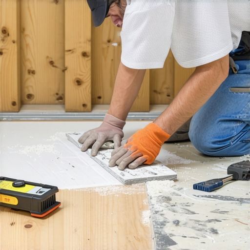 Worker spreading leveling compound on a subfloor using a trowel