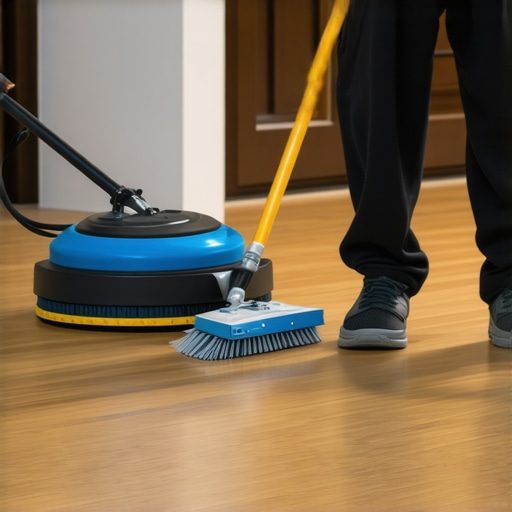 A person using a buffer and cleaning supplies on hardwood floor in a professional setting