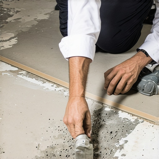 A contractor using a flashlight to examine a concrete floor for cracks and dips before installing tiles.