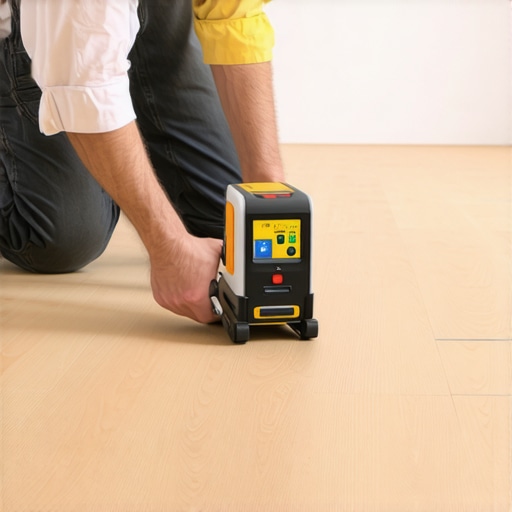 Technician measuring and inspecting subfloor with laser level and moisture meter for perfect flooring