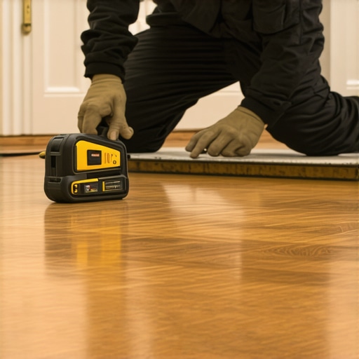 Flooring technician carefully examining and sanding hardwood floor with laser level and power tools