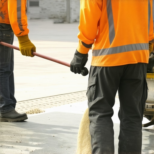 Worker mixing leveling compound for uneven floor correction