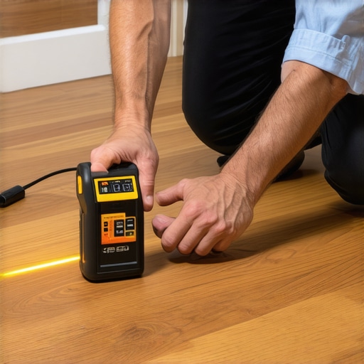Handyman measuring floor moisture and level with high-tech tools in a living room