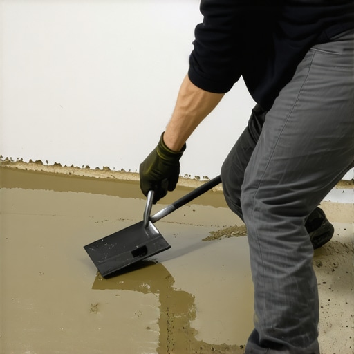 Worker spreading self-leveling compound on an uneven subfloor for tile installation.