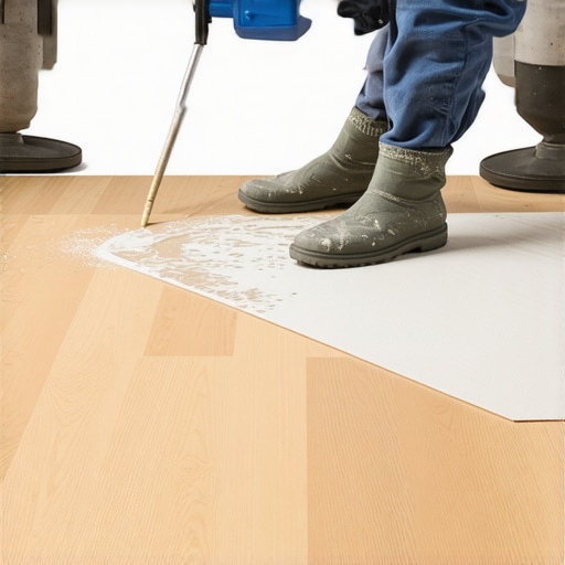 Technician pouring and spreading self-leveling concrete on a subfloor to create a flat surface.