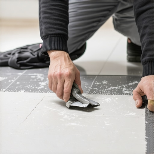 Person spreading self-leveling compound on uneven floor with a trowel.