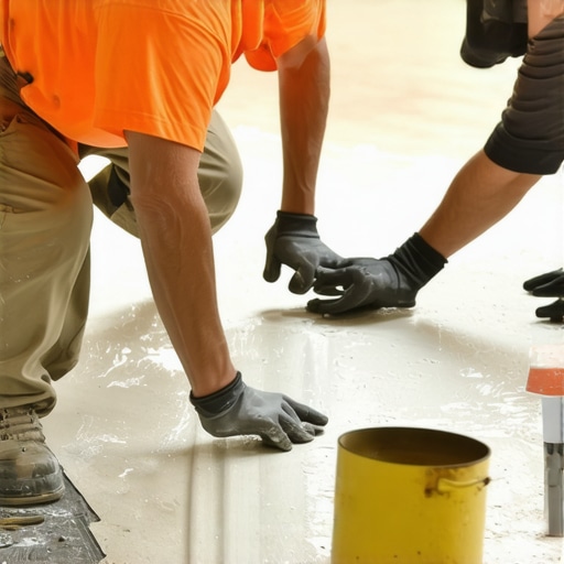 A worker spreading self-leveling compound on a subfloor