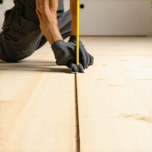 Person checking subfloor evenness with a straightedge during renovation
