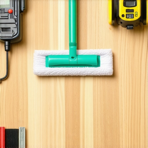 Various tools like moisture meter, mop, and laser level used for maintaining hardwood and tile floors.