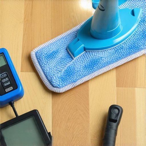 A collection of tools used for maintaining hardwood and tile floors, including a microfiber mop and moisture meter